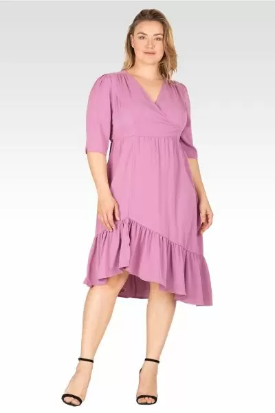 Kelsie Women's Plus Size Ruched sleeve V Neck Ruffle Hem Midi Dress