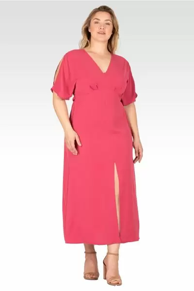 Scarlett Women's Plus Size  V Neck Kimono Sleeves Maxi Dress - Rose
