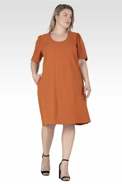 Alice Women's Plus Size Puffed Sleeves Scoop Neck Midi Dress - Timber