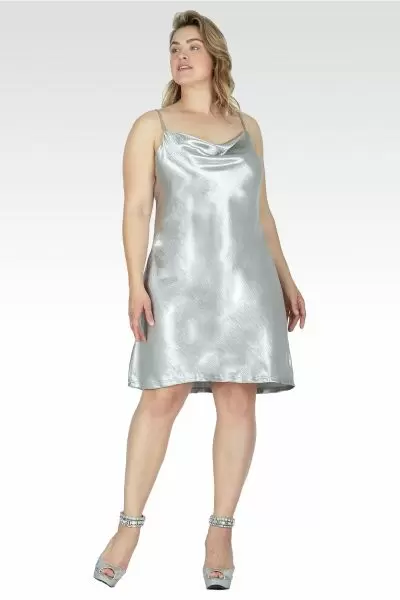 Astra Women's Plus Size Cowl Neck Crinkle Satin Mini Dress
