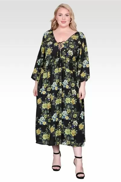 Plus Size Floral-Print Sheer Sleeve Midi Dress-Black Abstract