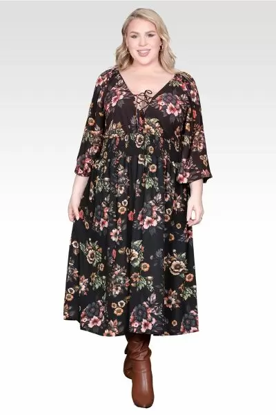 Plus Size Floral-Print Sheer Sleeve Midi Dress-Rusty Floral