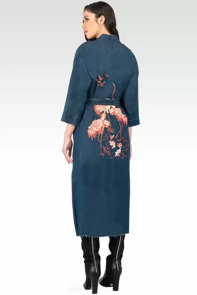 Kumiko Denim Bird Print Back Short Sleeve Kimono Duster Jacket