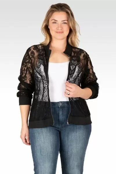 Plus Size Aria Women’s Peek-A-Boo Black Lace Bomber Jacket Front