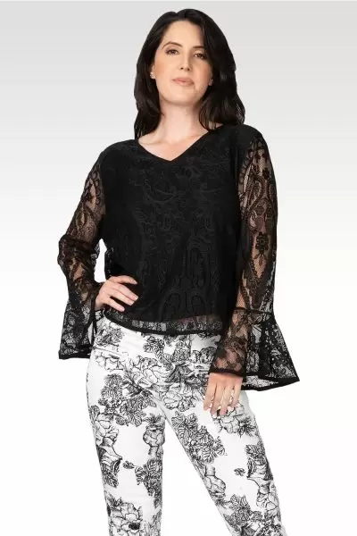 Standards & Practices Women's Black Lace Flare Sleeve Top 