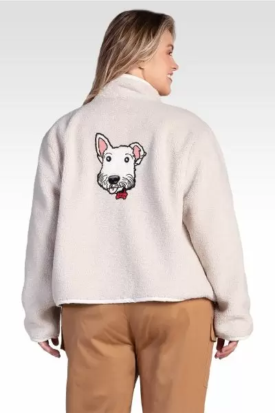 Zozo Women's Plus Size Embroidered Dog Patch Pocket Sherpa Jacket