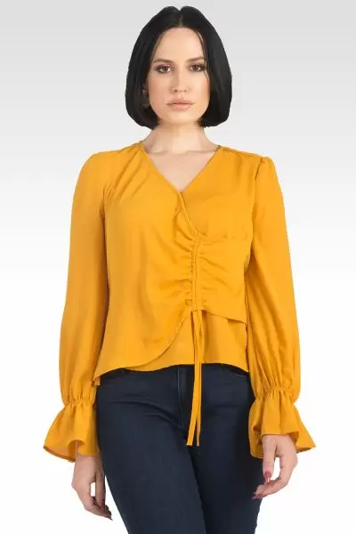 Vera Solid Tie Front Flute Sleeve Blouse-Ginger