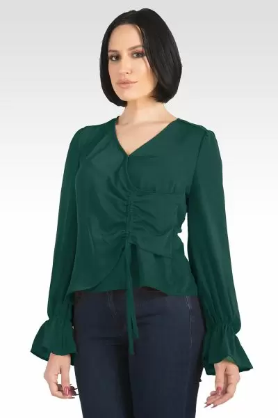 Vera Solid Tie Front Flute Sleeve Blouse