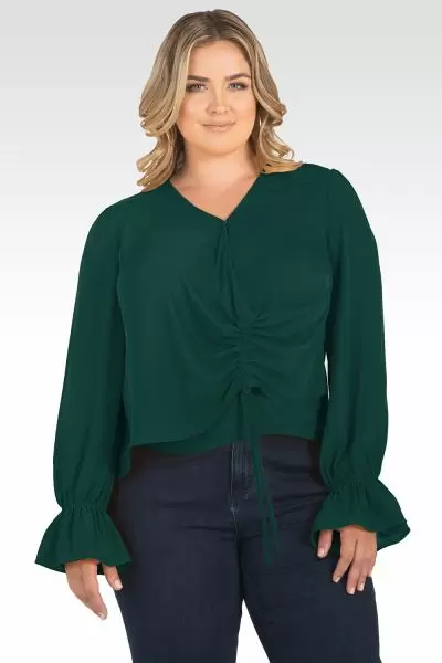 Plus Size Vera Solid Tie Front Flute Sleeve Blouse-Teal