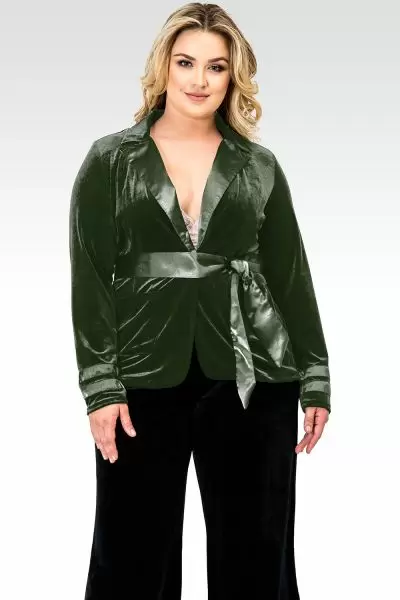 Plus Size Lottie Green Stretch Velvet Wrap Smoking Jacket With Satin Lapel And Satinbelt