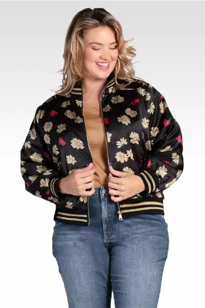 Naos Women's Plus Size Cropped Floral Print Bomber Jacket