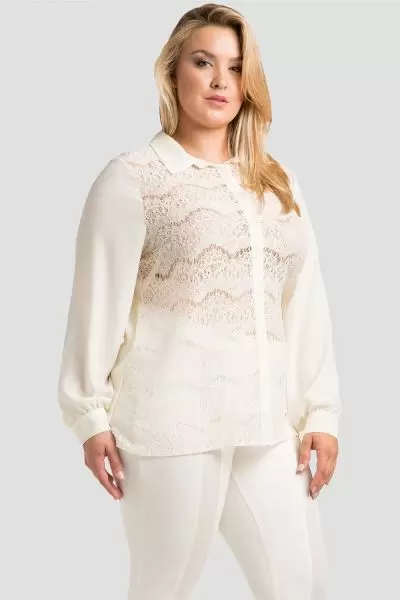Plus Size Women's Button-Up Collared Shirt White Lace