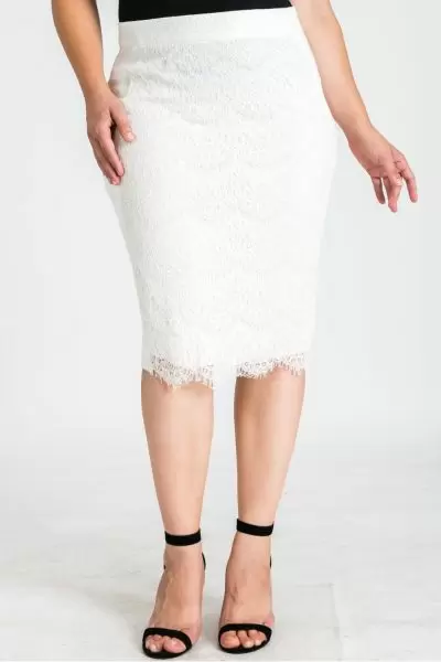 Plus Size Tori Ivory Pencil Skirt in Ponte and Lace