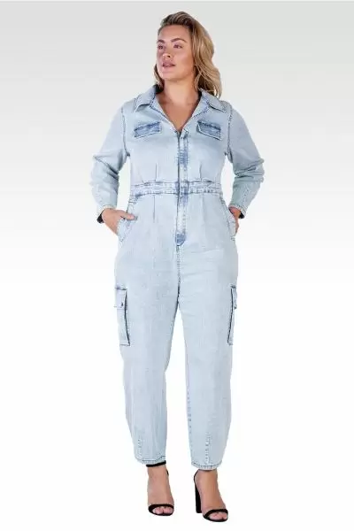 Portia Women's Long  Plus Size Sleeves Denim Cargo Jumpsuit