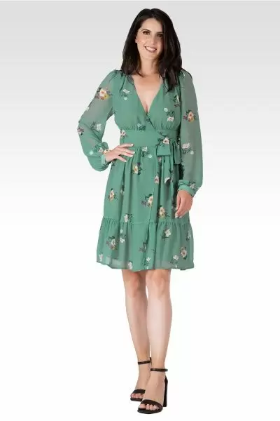 Preslee Women's Sage Green Floral Print Wrap Mini Dress 