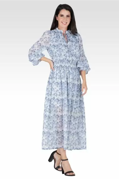 Revia Women's Floral Print Long Ruffle Sleeve Maxi Dress