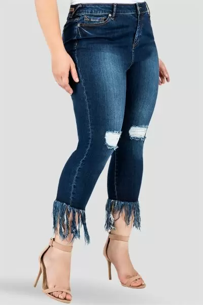 Plus Size Women's Fringe Frayed Hem Distressed Indigo Stretch Jeans