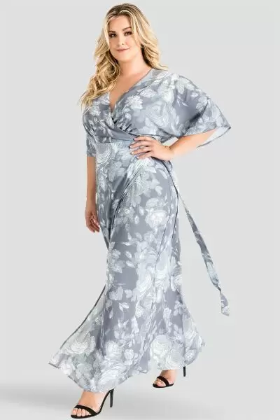 Plus Size Standards & Practices Gray Floral Print Chiffon Kimono Wrap Maxi Dress 