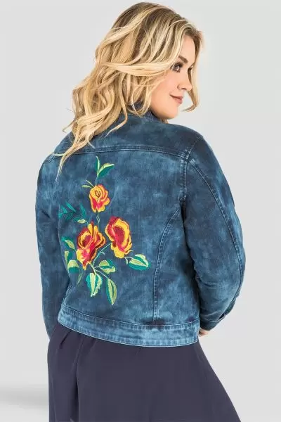 Plus Size Floral Embroidery Indigo Acid Wash Jean Jacket
