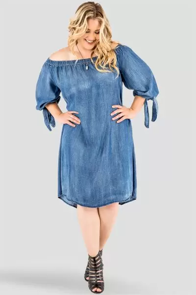Plus Size Off-The-Shoulder High Low Hem Denim Peasant Dress 