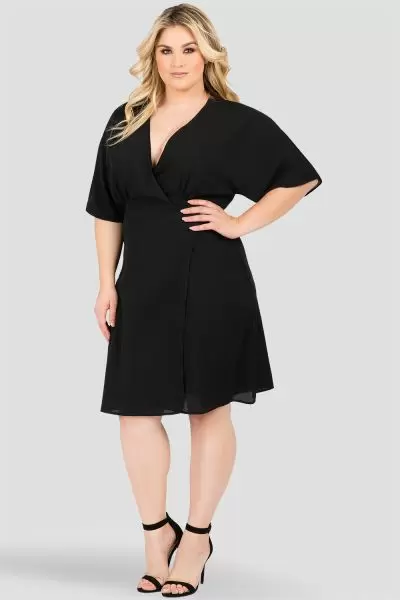 Plus Size Black Short Sleeve Wrap Midi Dress 
