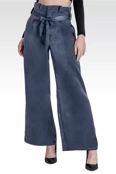 Sue Paper Bag Waist Palazzo Pants - Midnight Blue Washed Satin