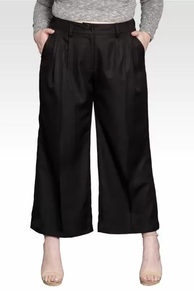 Plus Size Pleated Front Cropped Wide Leg Black Woven Pants