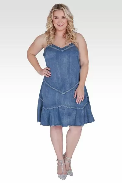 Standards & Practices Plus Size Women's Spaghetti Strap Ruffled Blue Jean Dress 