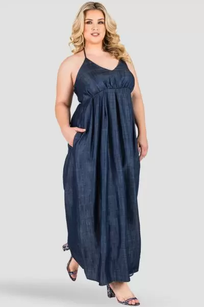 Standards & Practices  Plus Size Women's Tencel Denim Halter Maxi Slip Dress, Princess Lines Front