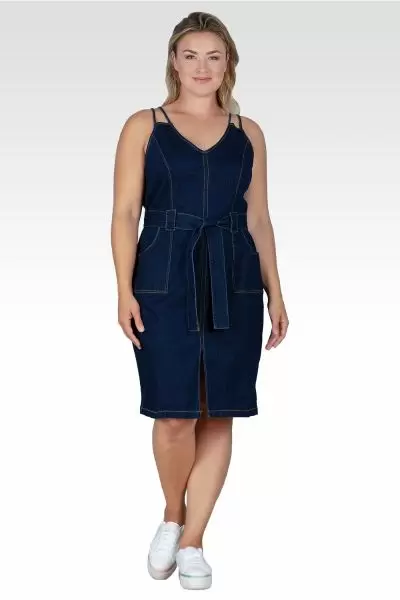 Gianna Women's Plus Size Denim Front Slit Double Strap Casual Midi Dress