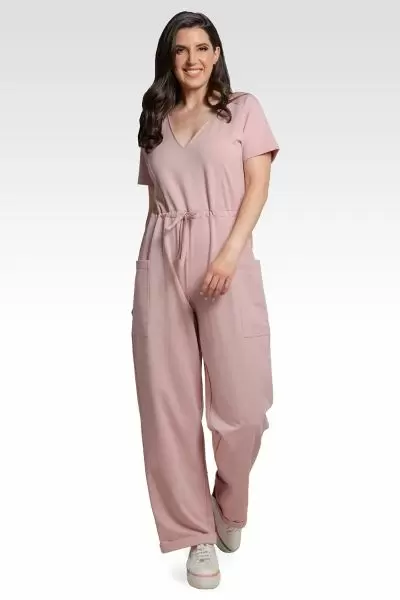 Wendy French Terry Mauve Pink Short Sleeve Sweat Lounge Jumpsuit