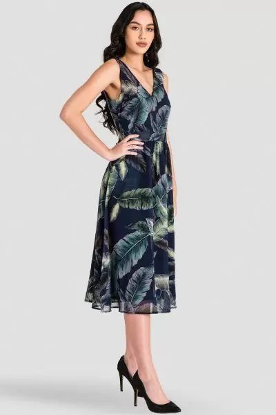 Naya A-Line Midi Dress - Tropical Leaf Print Chiffon