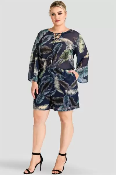 Plus Size Chiffon Barbie Bell Sleeve Lace-Up Romper - Tropical Leaf Print