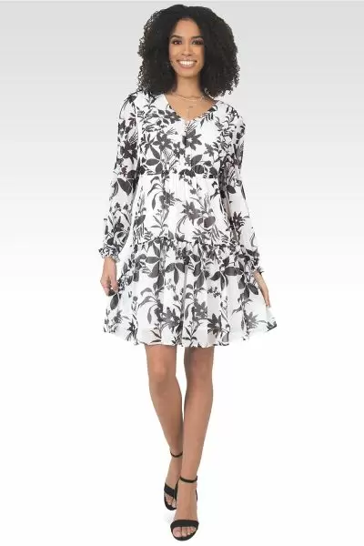 Blair Chiffon Long Sleeve Tiered Prairie Mini Dress - Black & White Floral Print-1