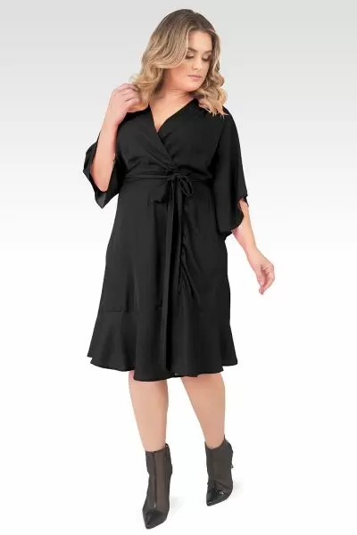 Plus Size Serena Kimono Sleeve Ruffled Knee Length Wrap Dress - Black-1