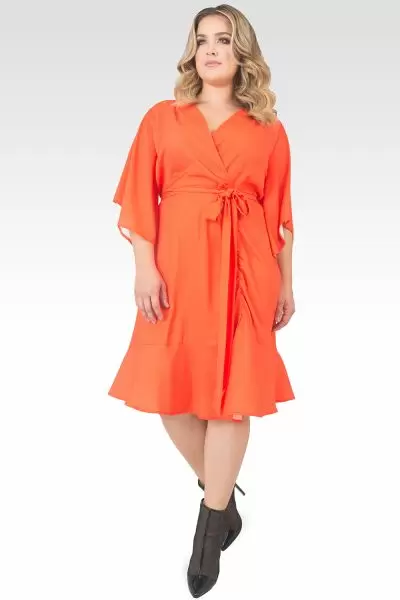 Plus Size Serena Kimono Sleeve Ruffled Knee Length Wrap Dress - Tiger Lily-1
