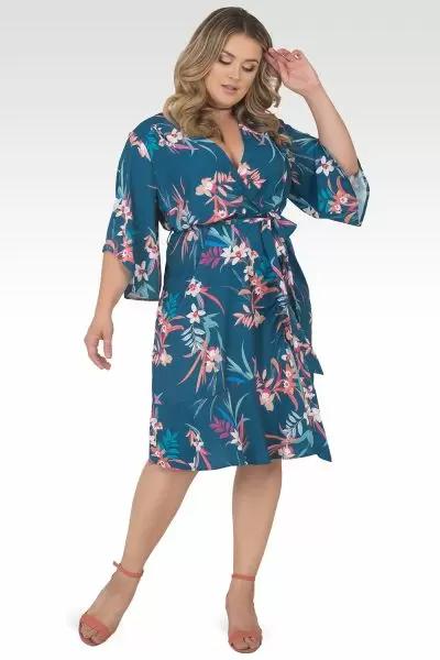 Plus Size Serena Kimono Sleeve Ruffled Knee Length Wrap Dress - Tropical Mist Floral Print-1