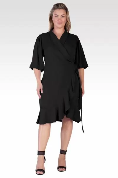 Kylie Women's Plus Size Double Georgette Black Ruffles Wrap Midi Dress