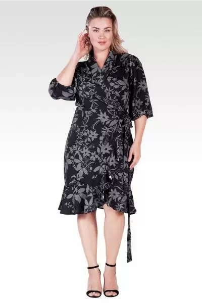 Kylie Plus Size Double Georgette Black Grey Floral Print Ruffles Wrap Midi Dress