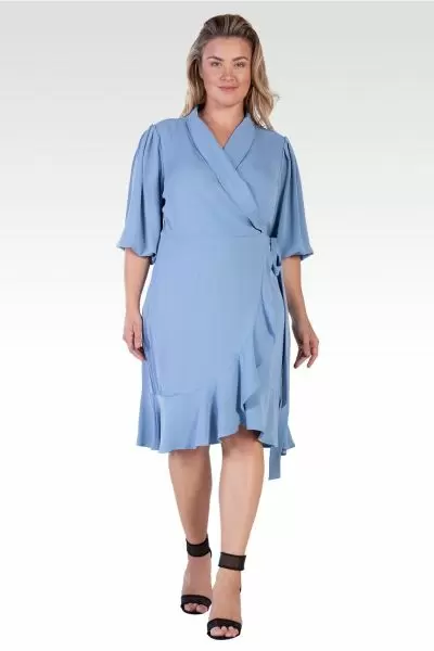 Kylie Plus Size Double Georgette Slate Blue Ruffles Wrap Midi Dress