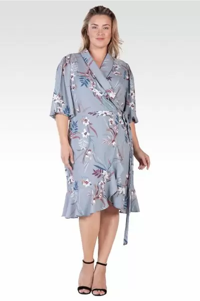 Kylie Plus Size Double Georgette Grey Tropical Floral Print Ruffles Wrap Midi Dress