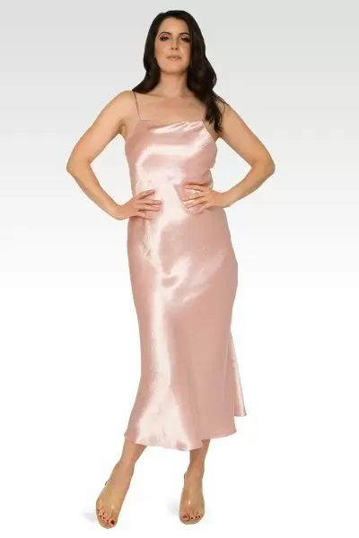 Michelle Cowl Neck Spaghetti Strap Satin Slip Dress - Rose Pink