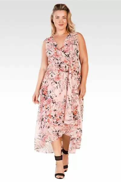 Eliza Women's Plus Size Floral Print Sleeveless High-Low Hem Floral Print Maxi Dress