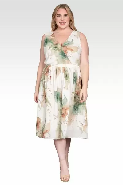 Plus Size Floral Print Faux Wrap V-Neck Midi Dress