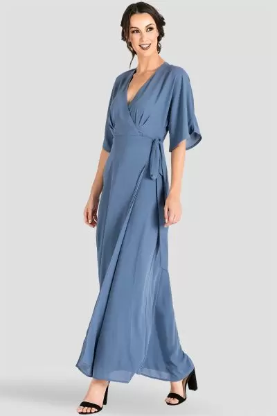 Standards & Practices Slate Blue Kimono Chiffon Wrap Maxi Dress 