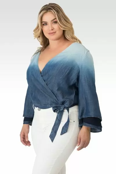 Plus Size Lily Tiered Bell Sleeve Ombre Tencel Denim Wrap Crop Top
