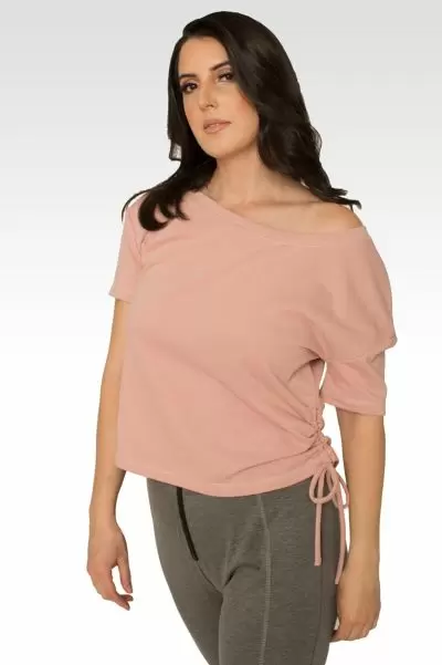 Nola Boat Neck French Terry Pal Pink Ruched Tee