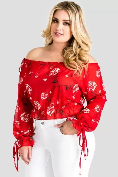 Plus Size Marina Off Shoulder Tie Sleeve Red Blouse