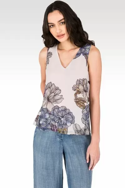 Standards & Practices Women's Gray Floral Print Chiffon Sleeveless Tie V-Back Top Full