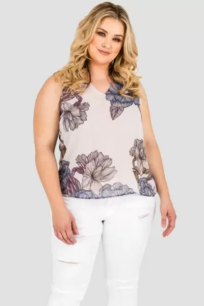 Standards & Practices Curvy Women's Plus Size Gray All Over Floral Print Chiffon Sleeveless Tie V-Back Top